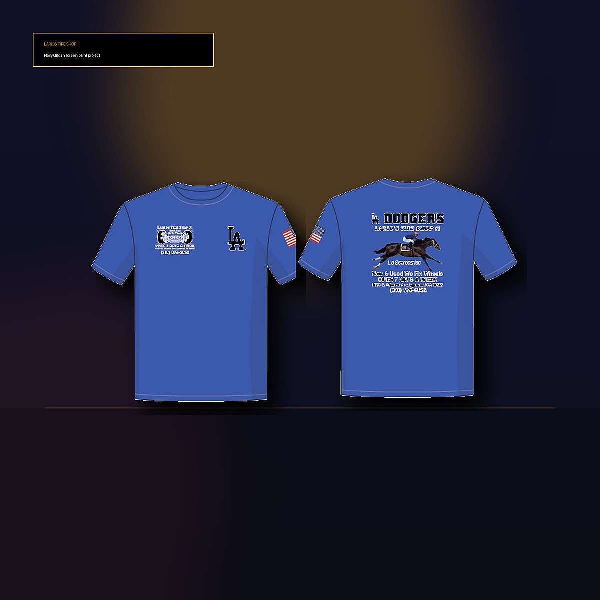 Navy Gildan screen printed shirts for Larios Tire Shop in Los Angeles